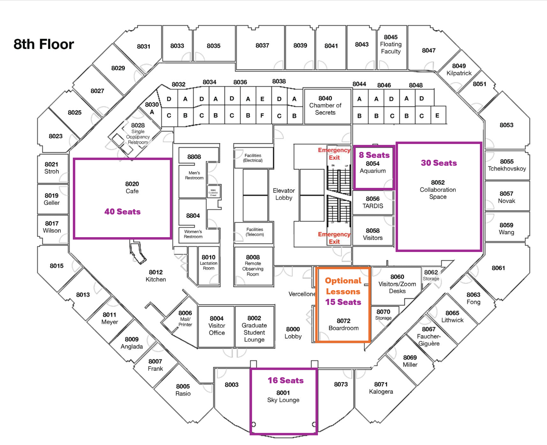 map of rooms on the 8th floor