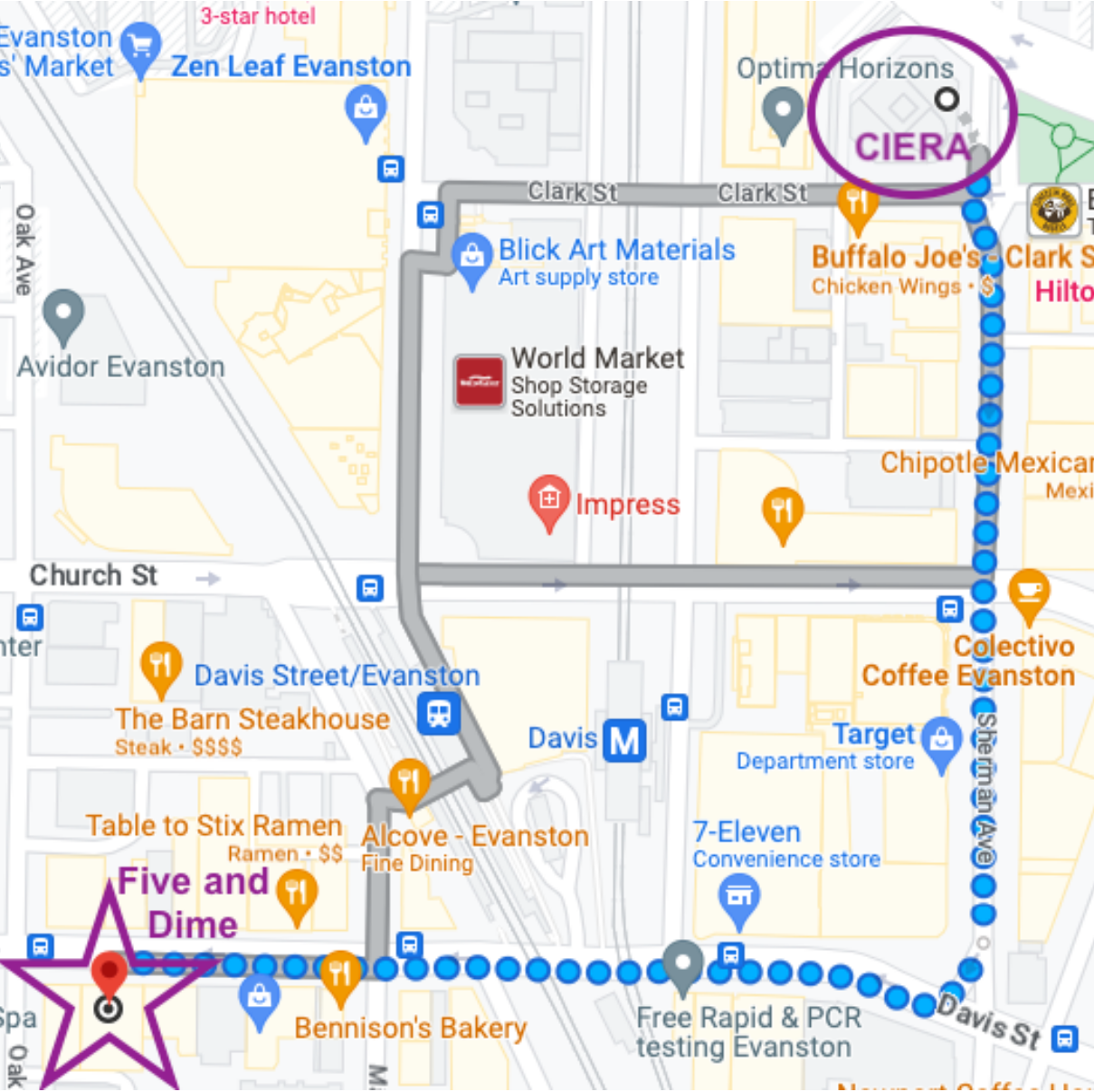 map of walk to Five and Dime